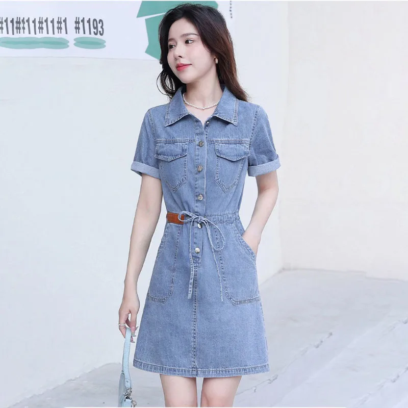 

2024 Summer New Arrival Chic Denim Dress Women Fashion Slim Medium Long Lapel Pocket Lace-Up Waist Jeans Dresses