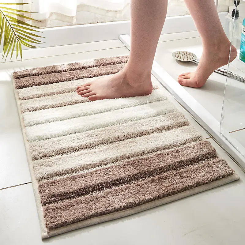 Striped Bathroom Mats Thickened Long Hair Floor Carpet Toilet Door Absorbent Bathroom Tub Mat Kitchen Rug Non-slip Foot Pad