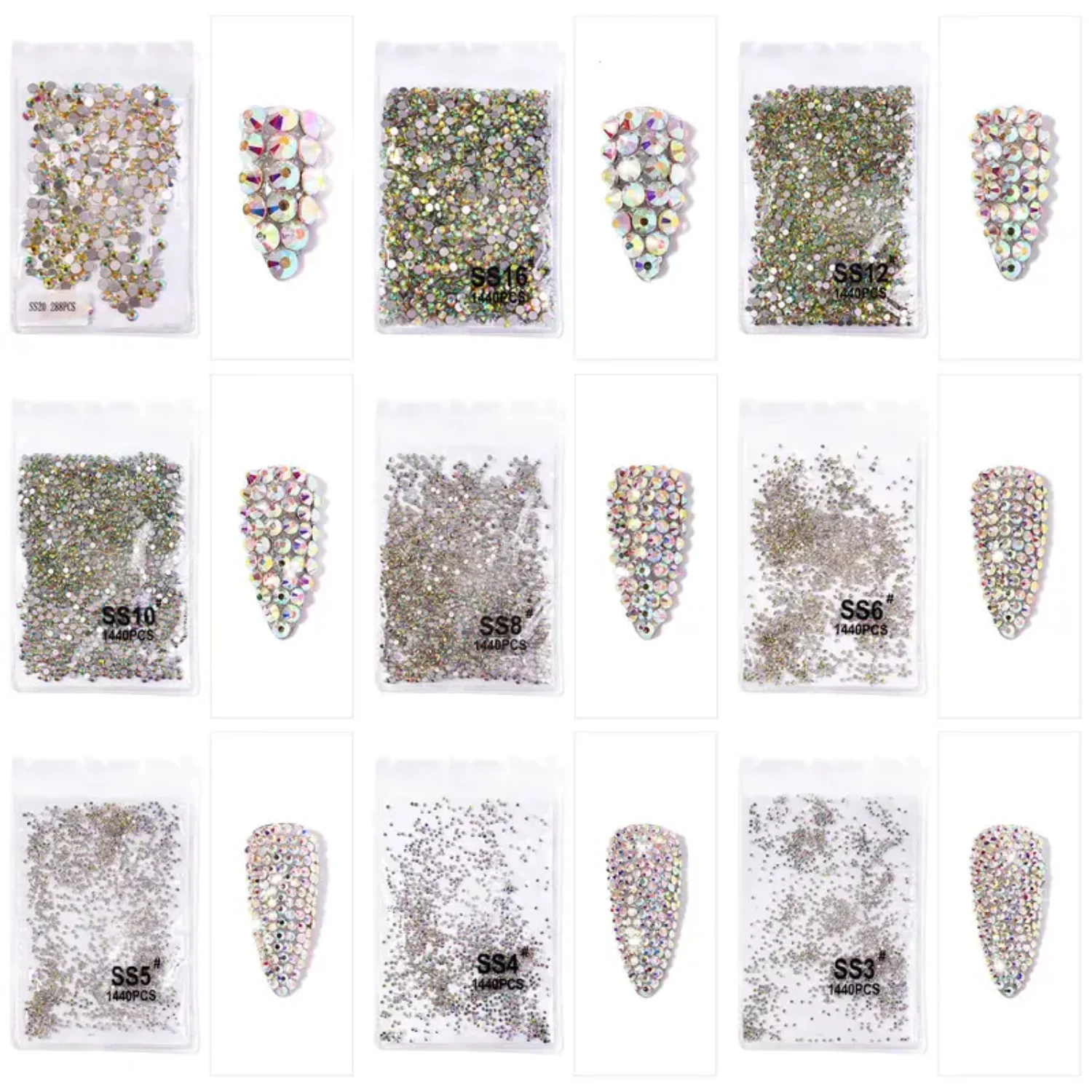 

1440pcs AB Flat Back Rhinestones For Nail Glass Symphony Transparent Nail Nail crystals Strass ongles nail art Kitty nail charms