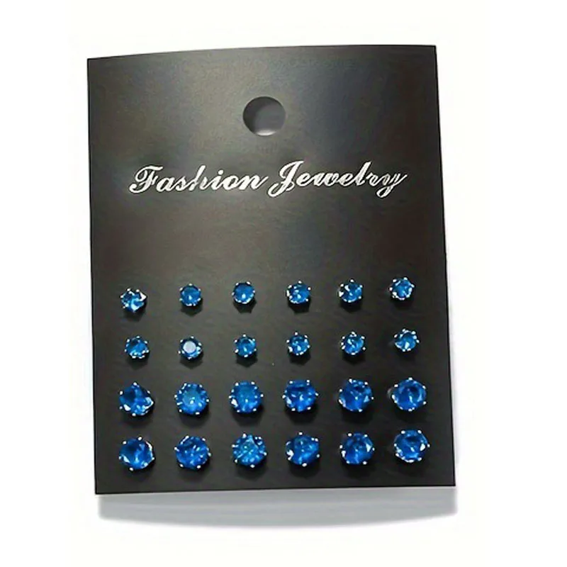 Large Rhinestone Six Claw Micro-inlaid Zirconium Blue Purple Crystal 12 Pairs Of Earrings AAA Zircon Girls' Jewelry Set