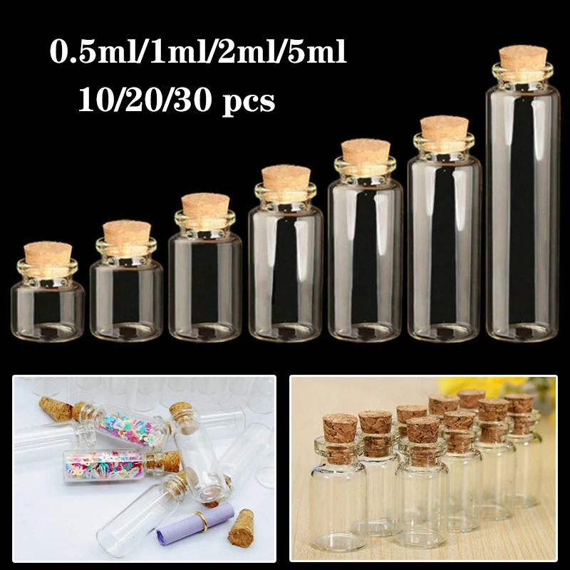 10/20/30pcs 0.5ml/1ml/2ml/5ml Clear Glass Jars Vial with Cork Stopper for Sample Perfume container wedding home Decoration Gifts