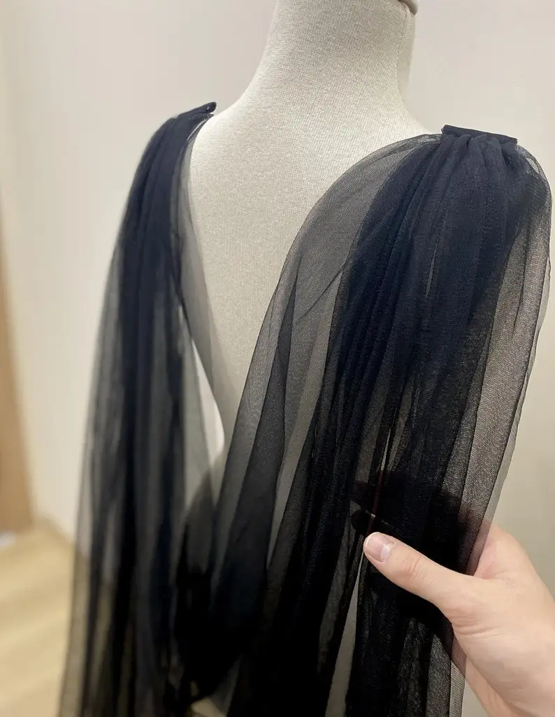 أسود الزفاف كيب طويل الزفاف كيب الأزهار كاتدرائية الحجاب بريق الكتف الحجاب فستان الزفاف الأسود تول أسود #6