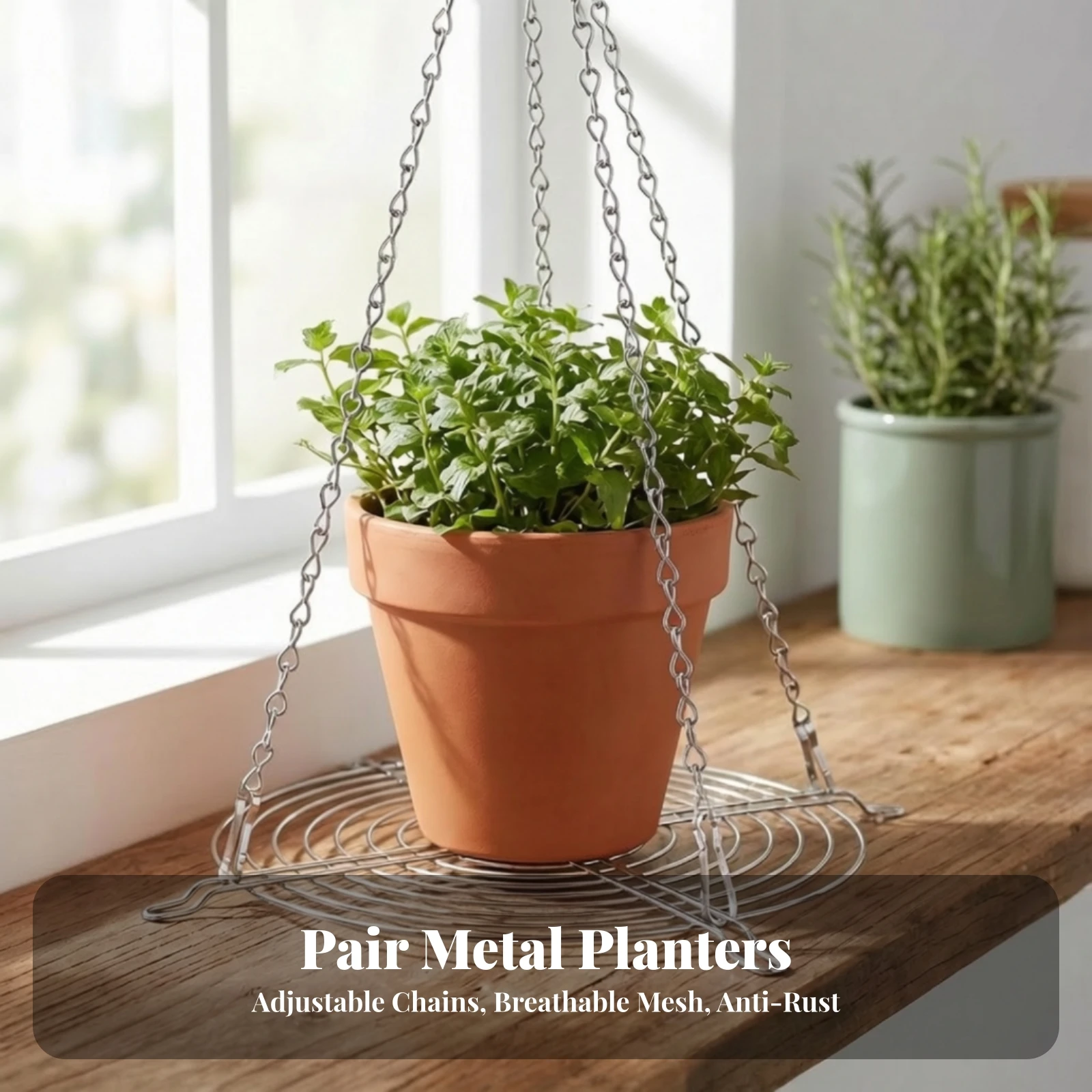 Metal Hanging Plant-Pot Riser Space Saving Metal Plant Riser with Hook Chain Garden Accessory Breathable Portable for Balcony