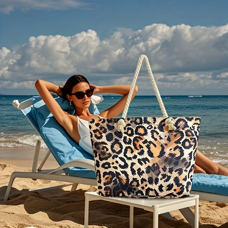 

Fashion leopard print women's tote bag, women's beach tote, large capacity, multifunctional shoulder bag and zip-closure handbag
