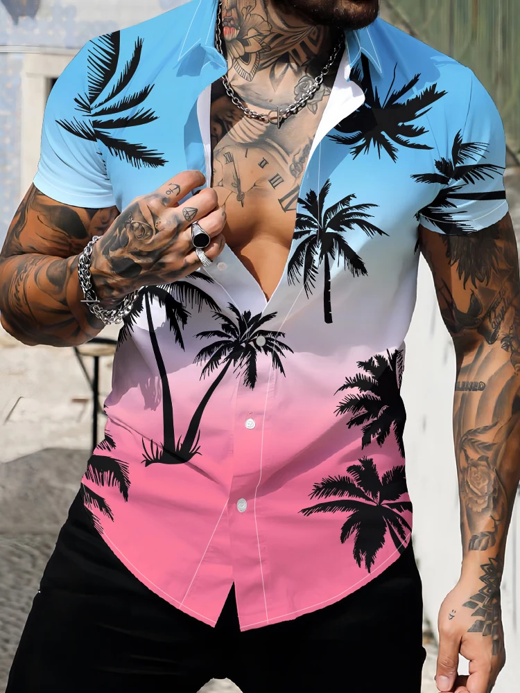 

Gradient Coconut Tree 3d Digital Printing Shirt Hawaii Fashion Popular Beach Men's Shirt Summer Loose Casual Short Sleeve Shirt