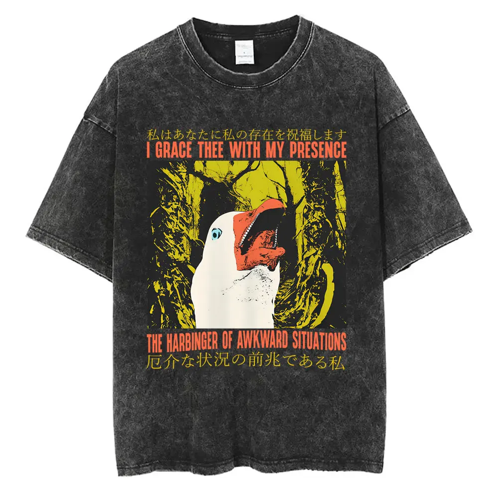 

I Grace Thee with My Presence The Harbinger of Awkward Situations Funny T-shirt Goose Japanese Style Washed Vintage Men T Shirt