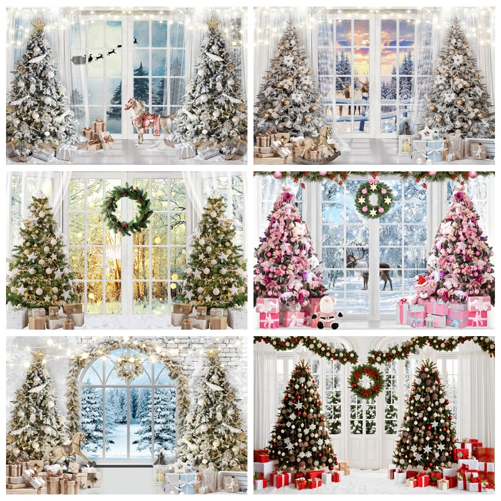 Winter Christmas Backdrop Photography White Wood Window Snow Forest Scene Xmas Tree Background Kids Family Portrait Photo Props