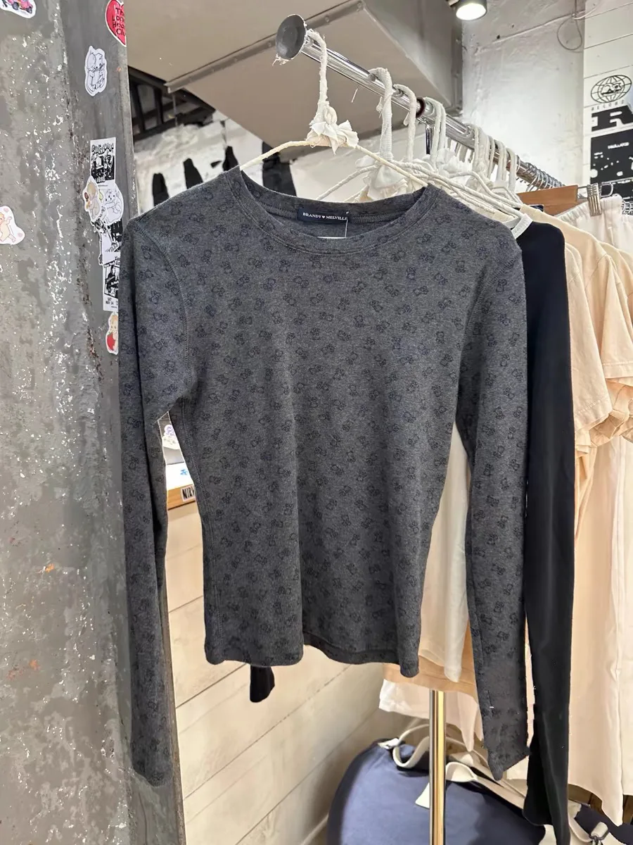 Cute Bear Print Gray Long Sleeve Women T-shirts Round Neck Tight Cotton Top Woman 2024 New Fall Y2k Street Tshirts Tee