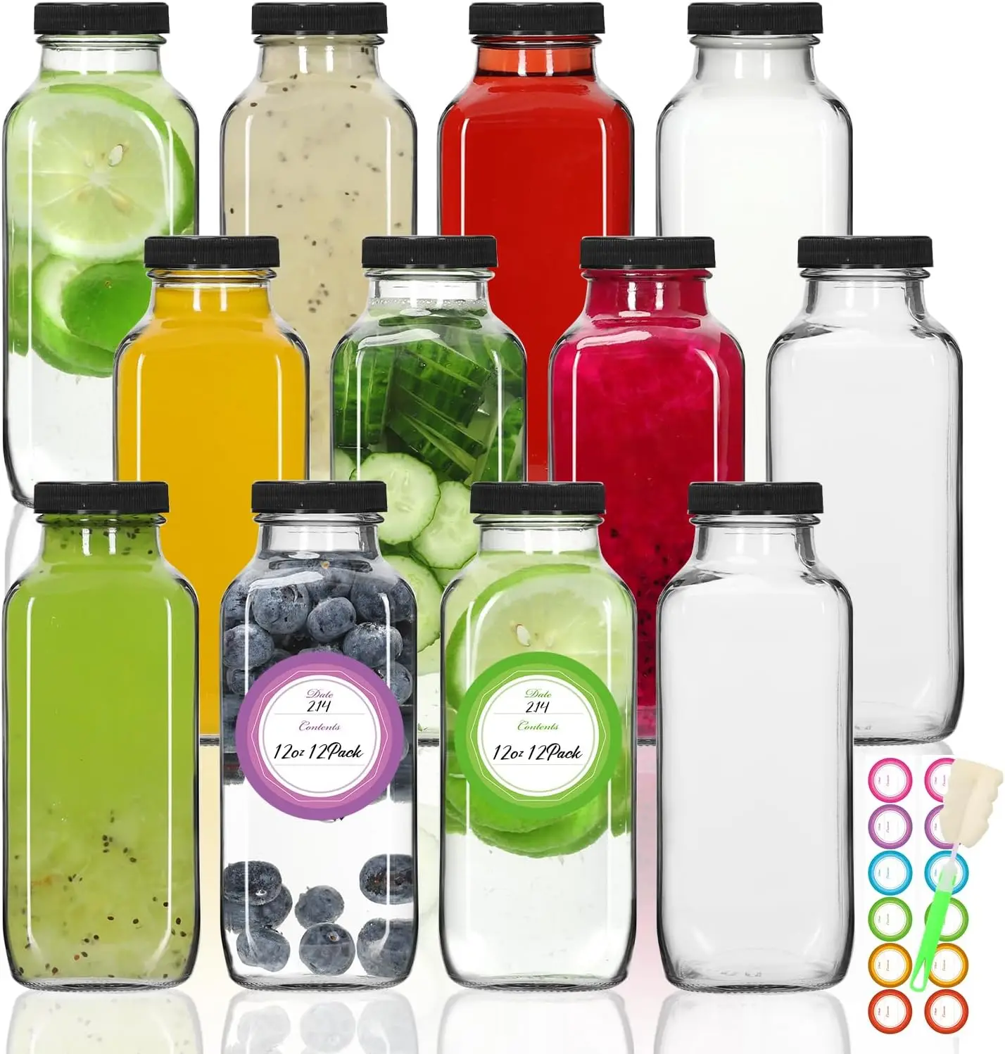 Botellas de vidrio para jugo de 12 oz con tapas, paquete de 12, tarros cuadrados reutilizables para jugo, leche, Kombucha, incluye 1 botella Brus