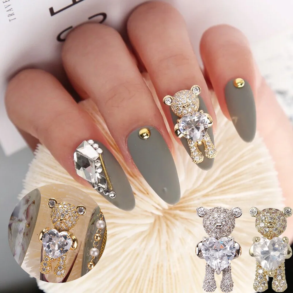 Luxury Shiny Zircons 3D Nail Rhinestones Nail Jewelry DIY Nail Art Decorations Bear Beating Heart