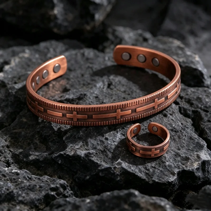 Red Copper Magnetic Therapy Bracelet and Ring Set Adjustable Retro Cuff Bangle Health Energy Healing Strong Magnets Jewelry Gift