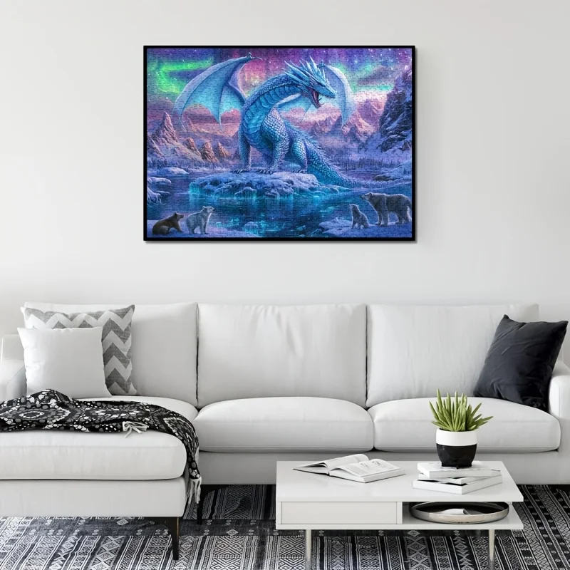 Puzzle del drago dell'orella 1000 - Grandi scene fantasy 3D con blu vivaci e viola, montagne dettagliate e scene di neve, Perf