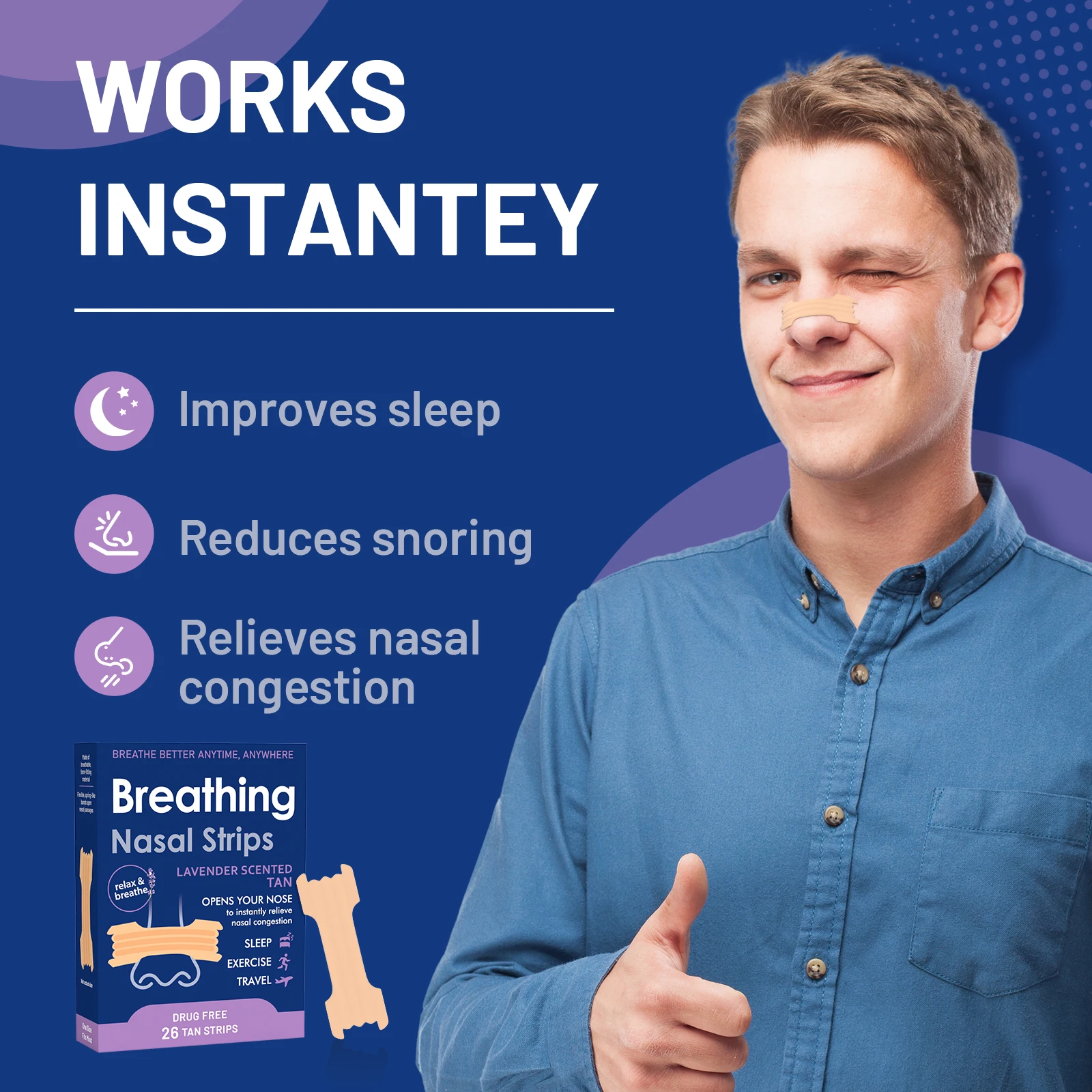 Nasal Strips Anti Snoring Nose Strips Breathe Better Lavender Scented Drug Free Nasal Congestion Relief 26 Strips Sleep Aid