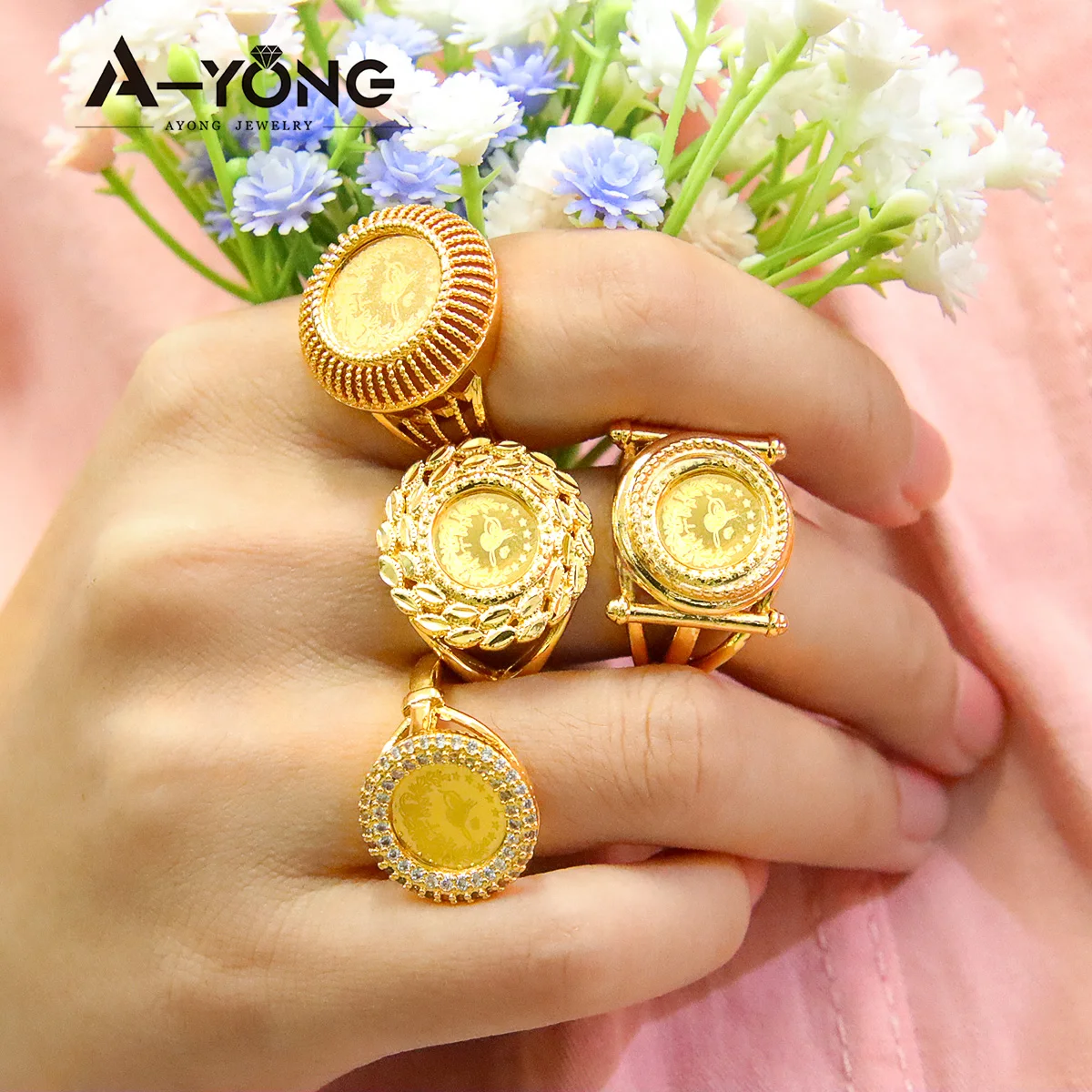 Türkische Goldmünzen Ring 21 Karat vergoldet Dubai Braut Hochzeit Paare Ringe Arabisch Islamische Frauen Ramadan Party Schmuck – Detail 5