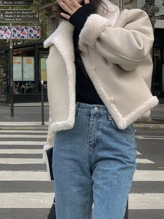 Ladies Thickened Short Sheepskin Coat Warm Collar Two-Sided Wear Winter New Style Polyester Fiber Korean Style Pure Color