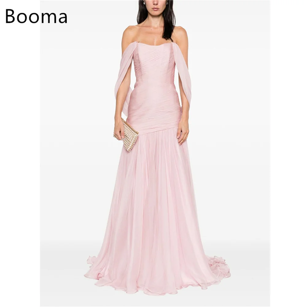 

Booma Shiny Mermaid Pink Off The Shoulder Pleat Long Dresses Formal Party Gowns for Women Sleeveless Simple Prom Gown Customize