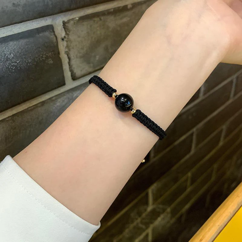 B*Energy Bracelets Bangles Natural Black Rainbow Eye Obsidian Bracelet Couple Hand Woven Lucky Red Rope Beads Ball For Men Women