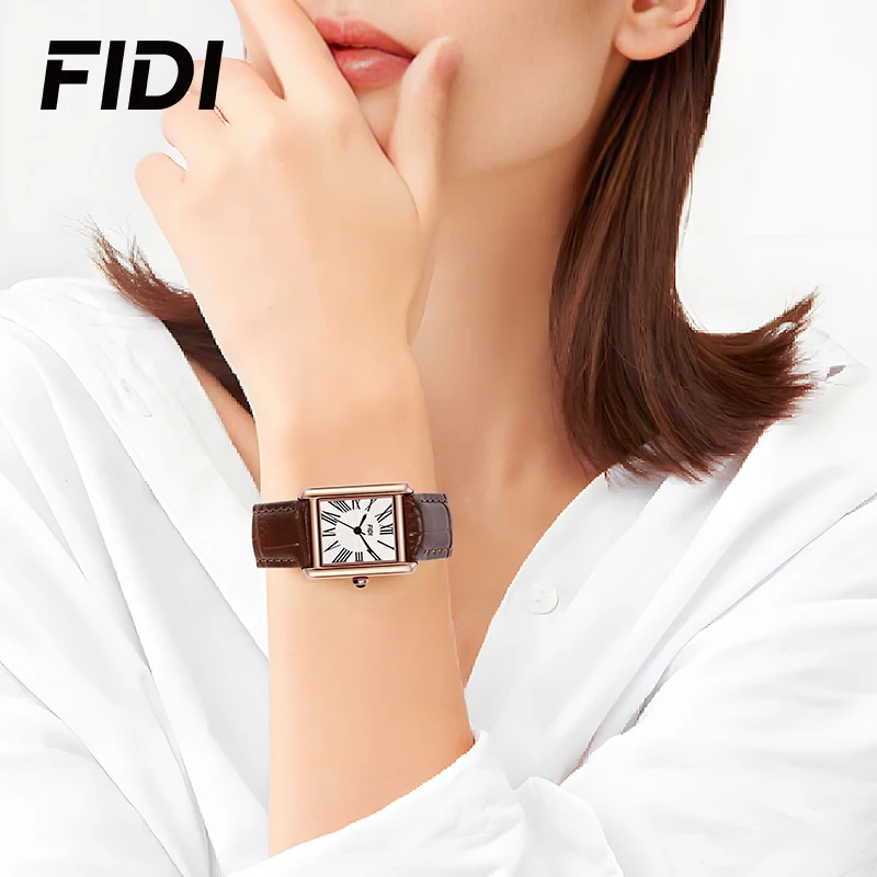 FIDI Women\'s Quartz Square Watch White Wave Pattern Dial Roman Numerals Leather Strap 30M Water Resistance Elegant Gift