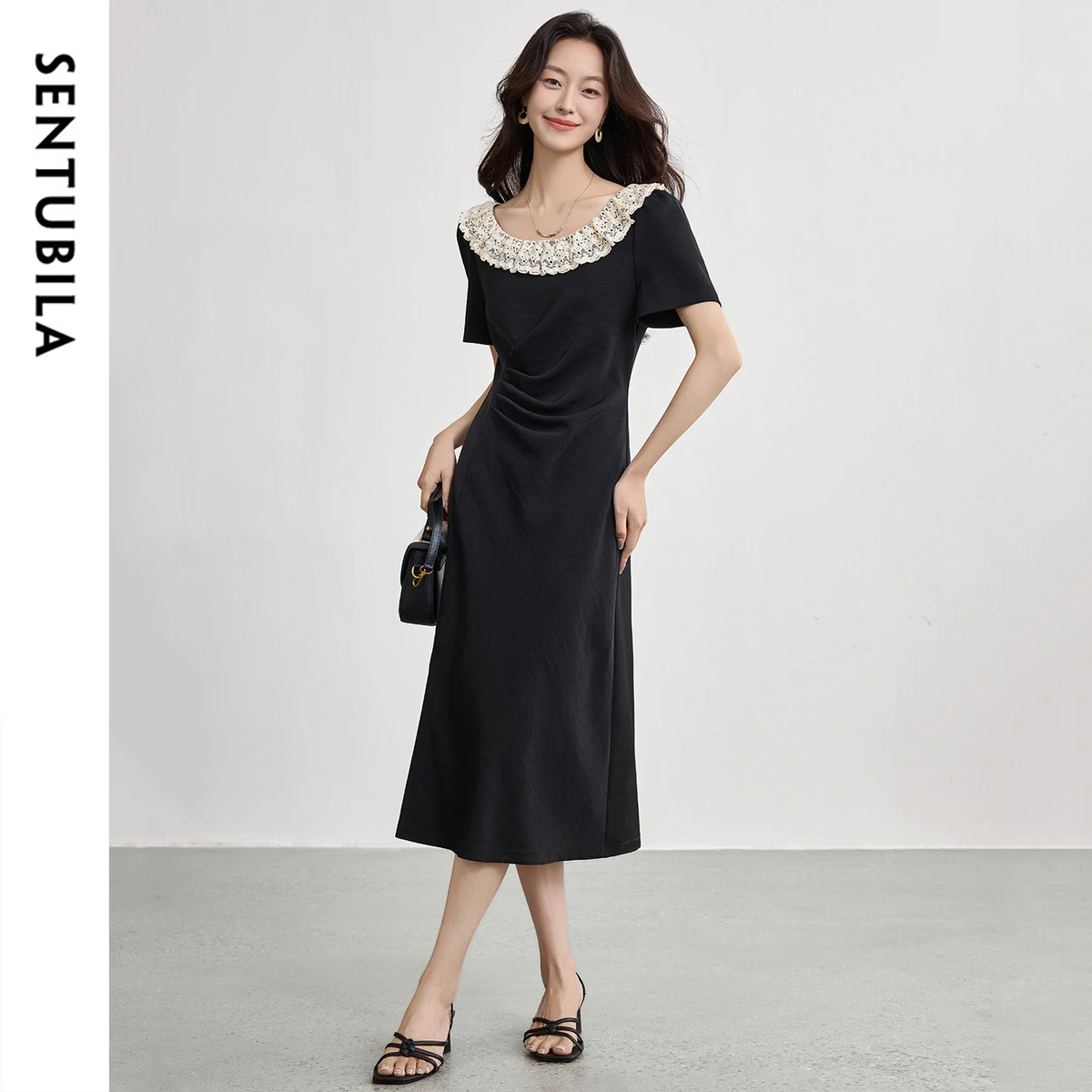 

Sentubila Black Short-sleeved Dress Women's Summer 2025 New Lace Collar U-neck Pleated Hem Fitted Waist Dress Elegant Q52LO2328