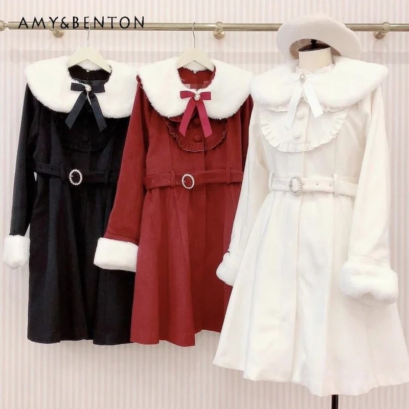 

Sweet Ruffle Edge Bow Plush Lapel Belt Slim Mid-length Wool Coat Women Japanese Style Lolita Woolen Coat Kawaii Princess Coats