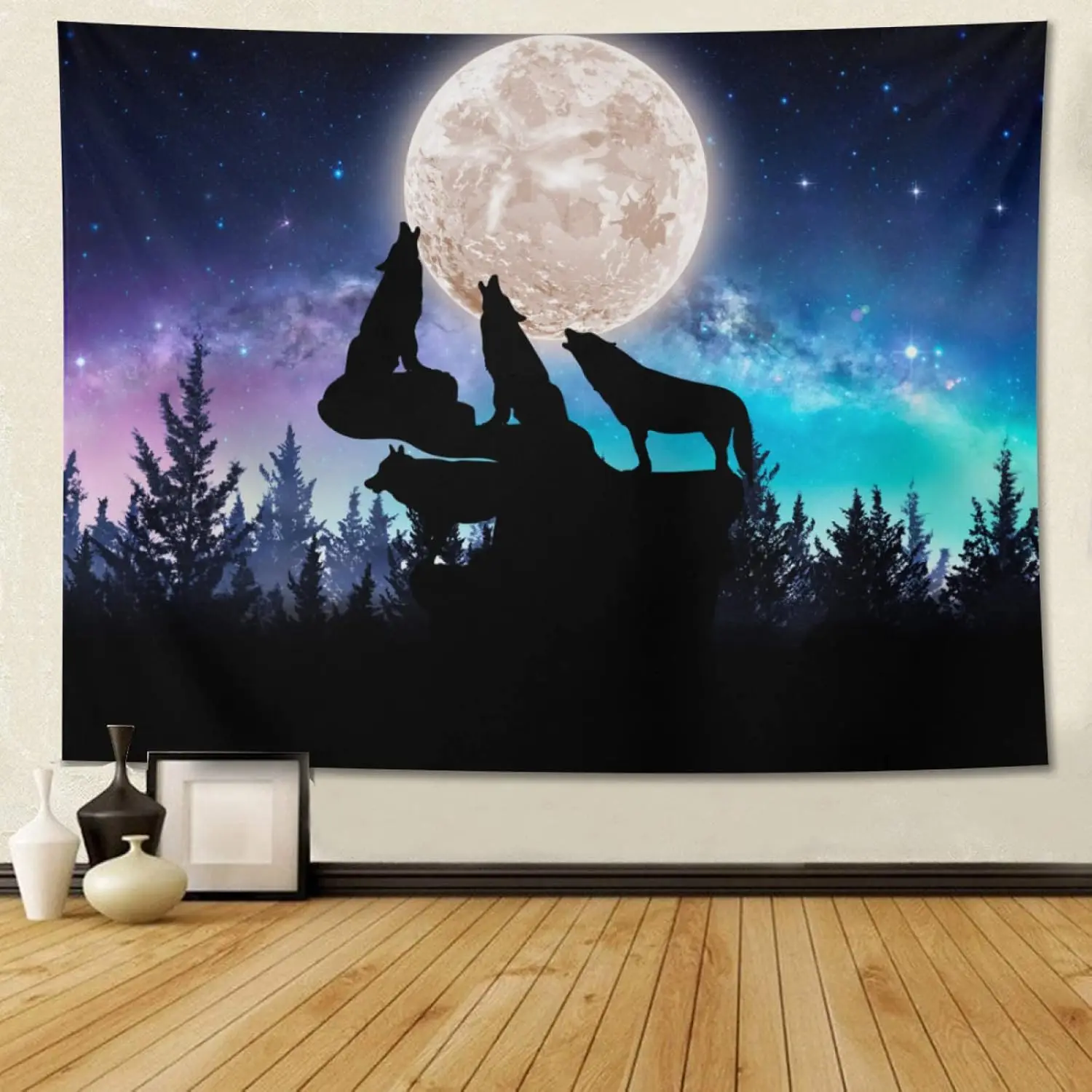 Moonlight Wolf Pack Tapestry Starry Night Sky Wall Hanging Party Decorations Home Decor for Bedroom Living Room Dorm