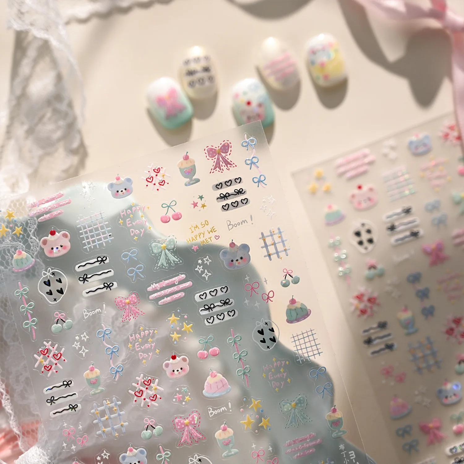 Spring Cartoon Pink Blue Bear Dessert Cake Pudding Candy English Slogan Pattern Nail Art Stickers Baby Bear Party Nail Stickers