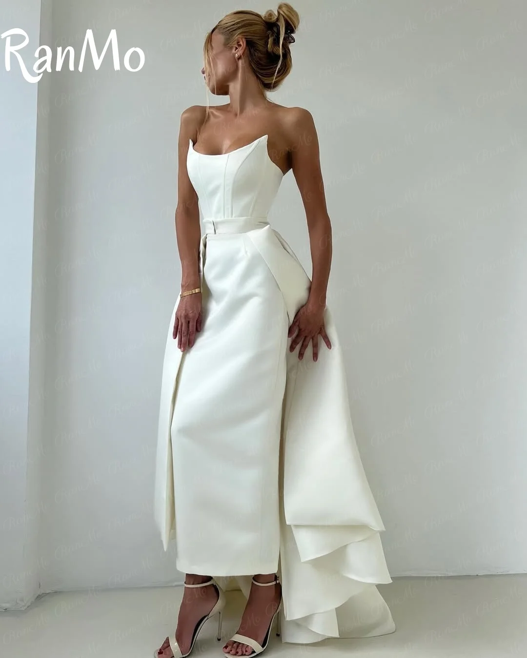 Ranmo 2025 ใหม่Elegantสีขาวคราบชุดราตรีหางที่ถอดออกได้แขนกุดคอซาอุดีอาระเบียชุดราตรีที่กําหนดเอง