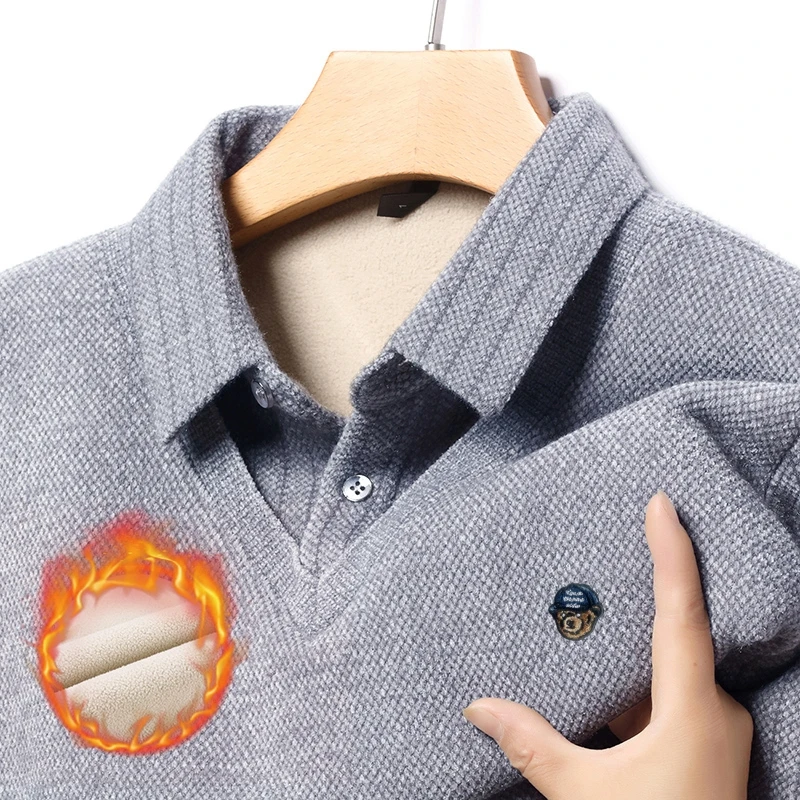 

Lapel Bear Embroidery Thicken Pullover Brand Men's Knit Sweater New Business Trend Fake Two Pieces Hot Sale Winter Men's Wear
