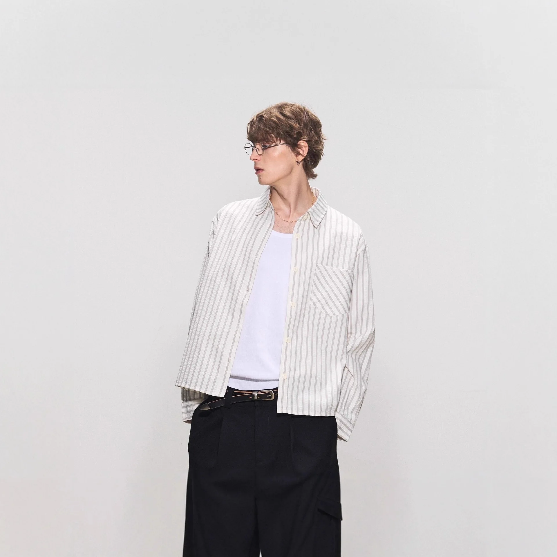 

2026 Spring and Autumn Striped Seersucker Shirt Men's Casual Long-sleeved Shirt Retro Striped Top Cleanfit