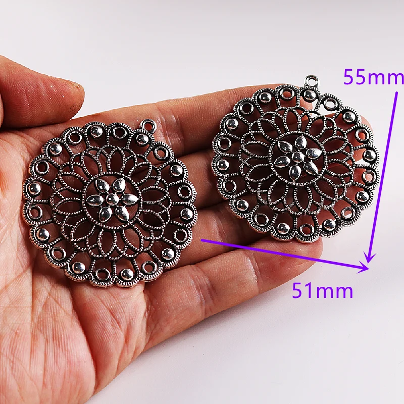 2pcs Silver Plated Large Hollow Boho Style Flower of Life Pendant DIY Charm Necklace Earrings Jewelry Crafts Making  A1450