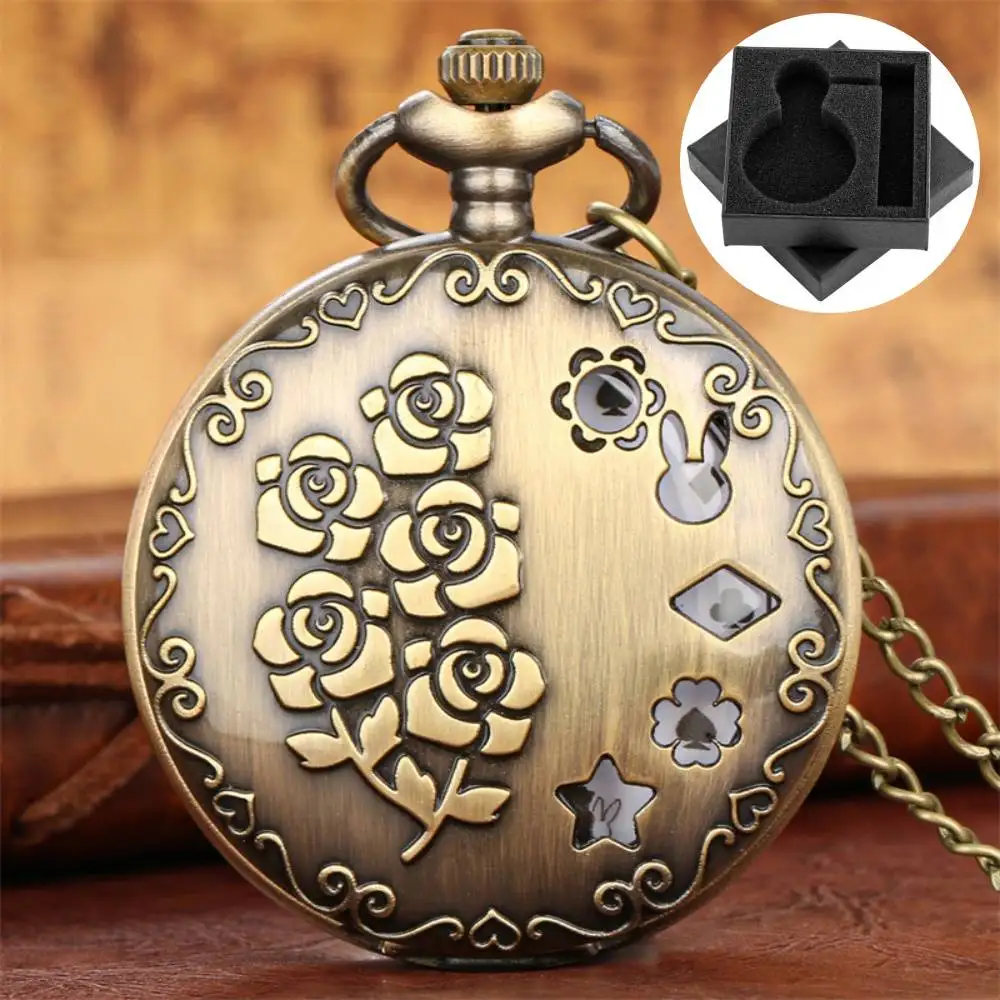 Vintage Lovely Rose Flowers Pattern Bronze Hollow Quartz Pocket Watch with 80 CM Necklace Retro Pendant Pocket Clock Gift Women