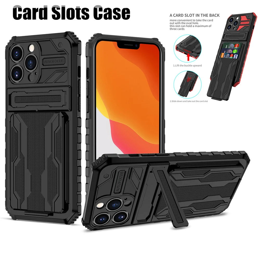 50pcs Armor Shockproof Card Slot Case For iPhone 13 Pro 11 Pro Max XR XS Max 7 8 Plus Stand Holder Cover Coque Funda Bumper Capa