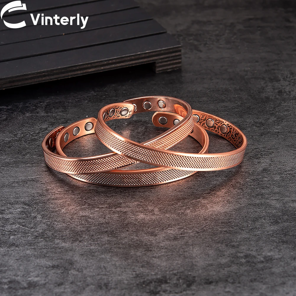 Vinterly Pure Copper Bracelets Magnetic Therapy 8mm Wide Open Cuff Adjustable High Magnet Health Energy Bangle Resizable Jewelry