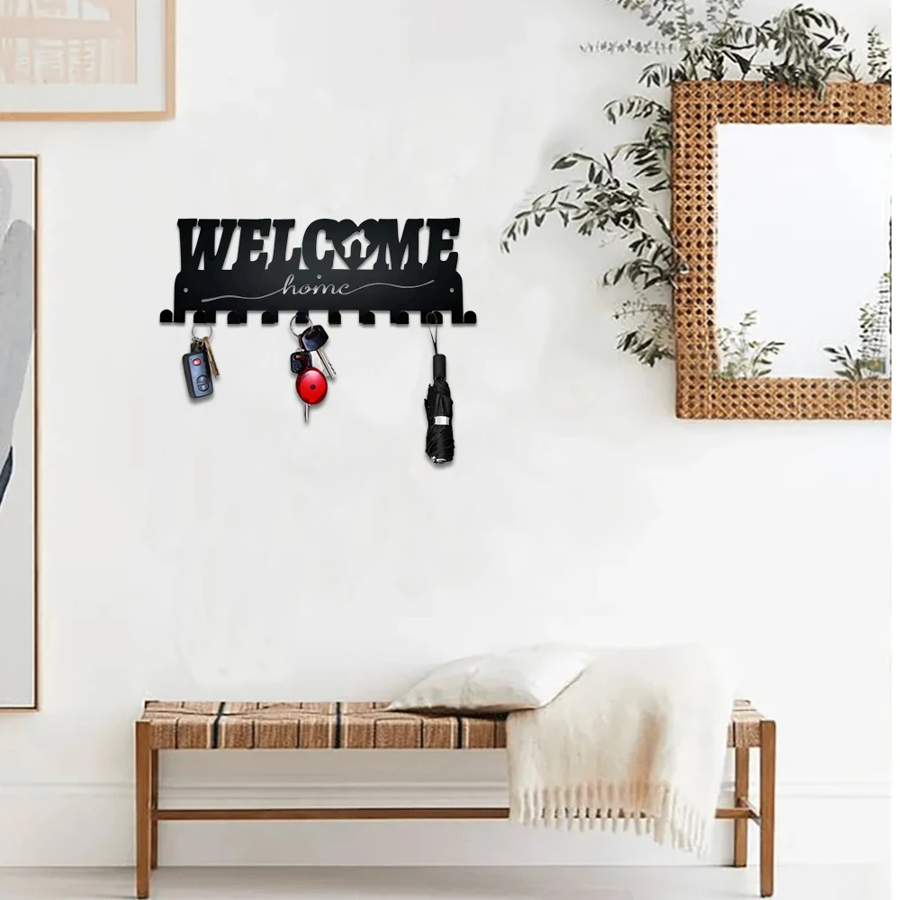 Key Holder Black Metal Wall Key Hanger Decor for Wall Welcome Design Style Key Hangers with 10 Hooks Key Rack for Wall Decor