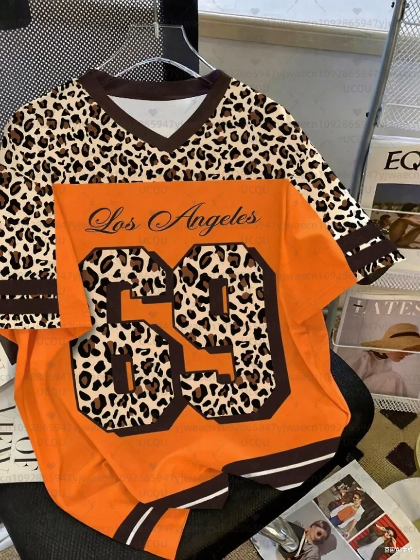 T-shirt sportiva da donna per ragazza e ragazzo Los Angeles NO.69 con stampa manica corta estiva T-shirt sportiva per adulti con stampa leopardata taglie forti