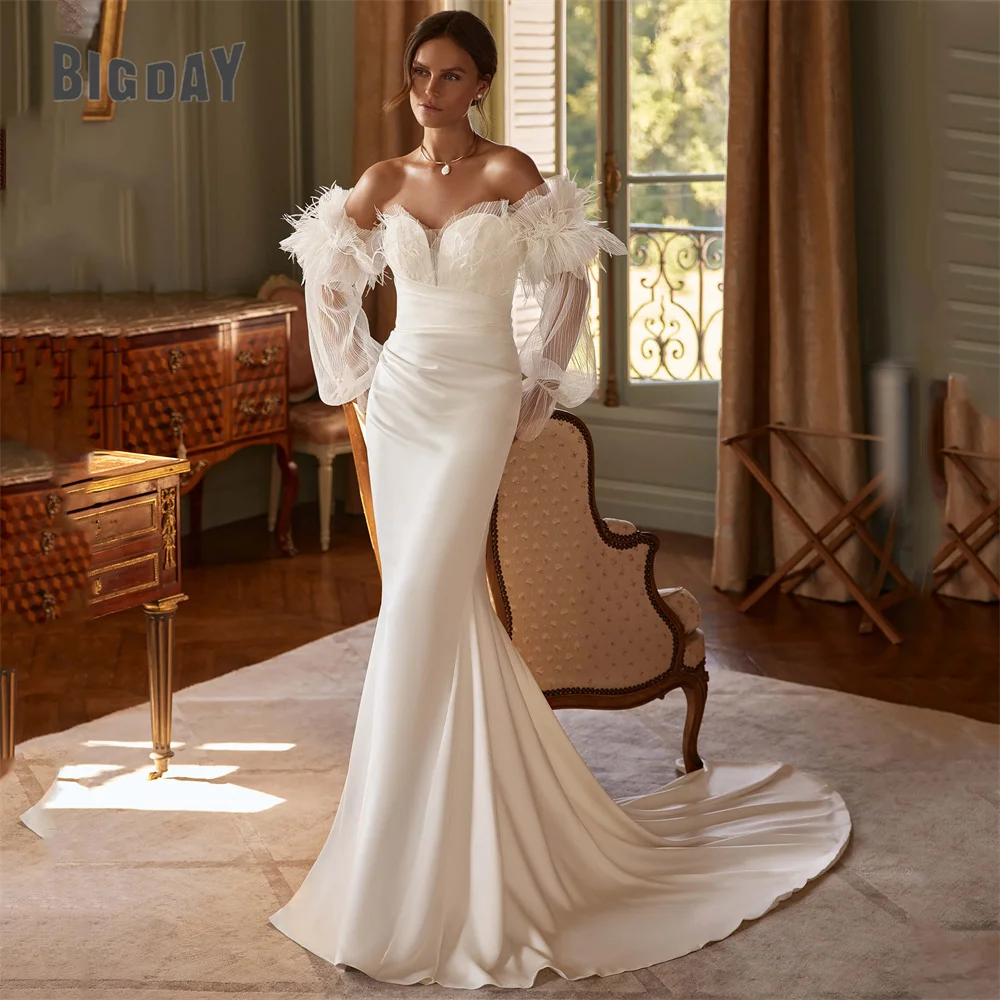 BIGDAY Long Sleeves Pleat Mermaid Wedding Dress Women Feathers Open Back Sweetheart Bridal Gown Vestidos De Noiva Customized