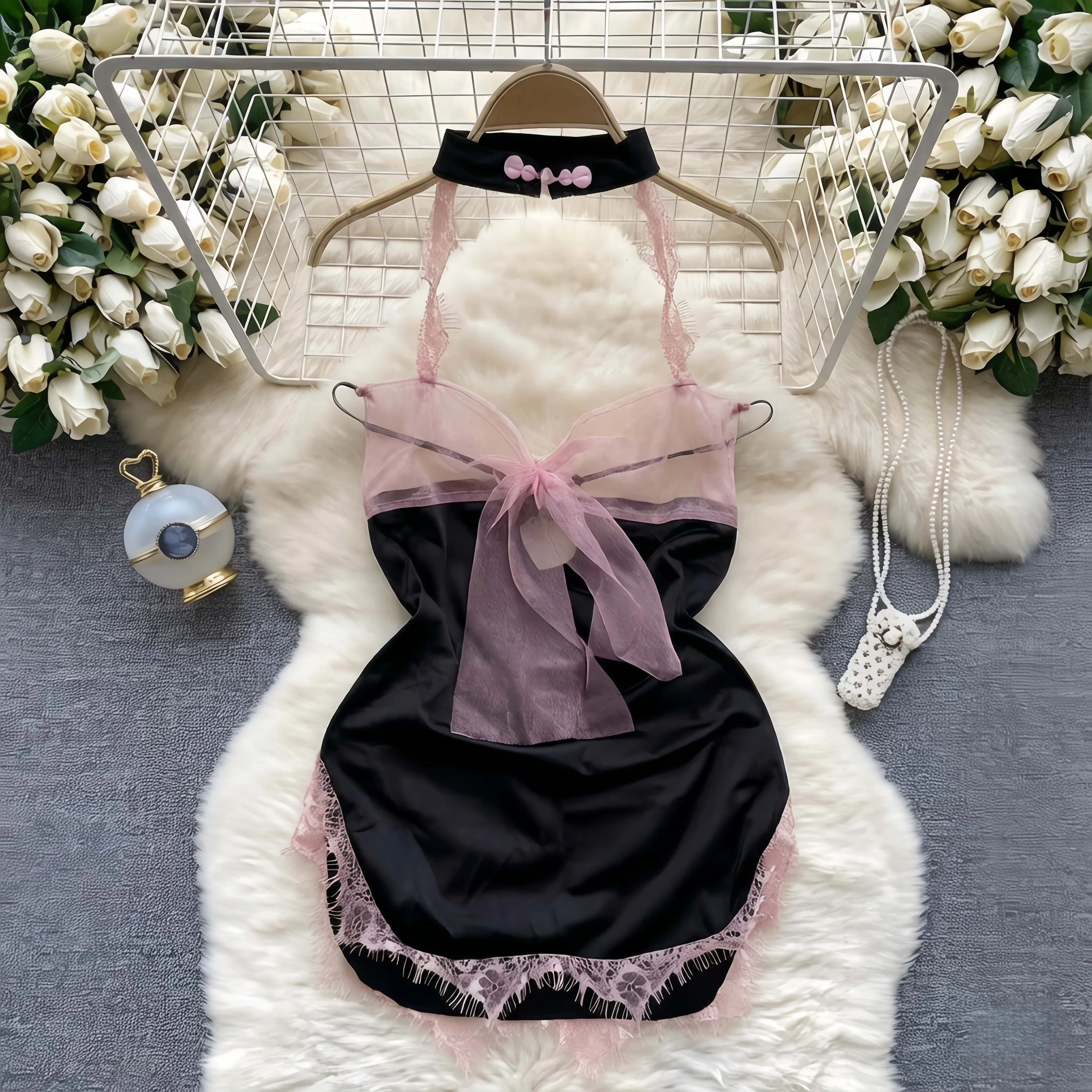 Women Sexy French Apron Maid Dress Cosplay Costume Servant Lolita Hotsweet Babydoll Dress Uniform Role Play Club Patchwork Lace