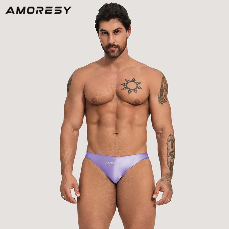 AMORESY-Ultra Low Waisted Swimming Trunks for Men, Smooth Briefs, Silk Briefs, Sexy Sports Beach Pants, Odorless, Monochromatic