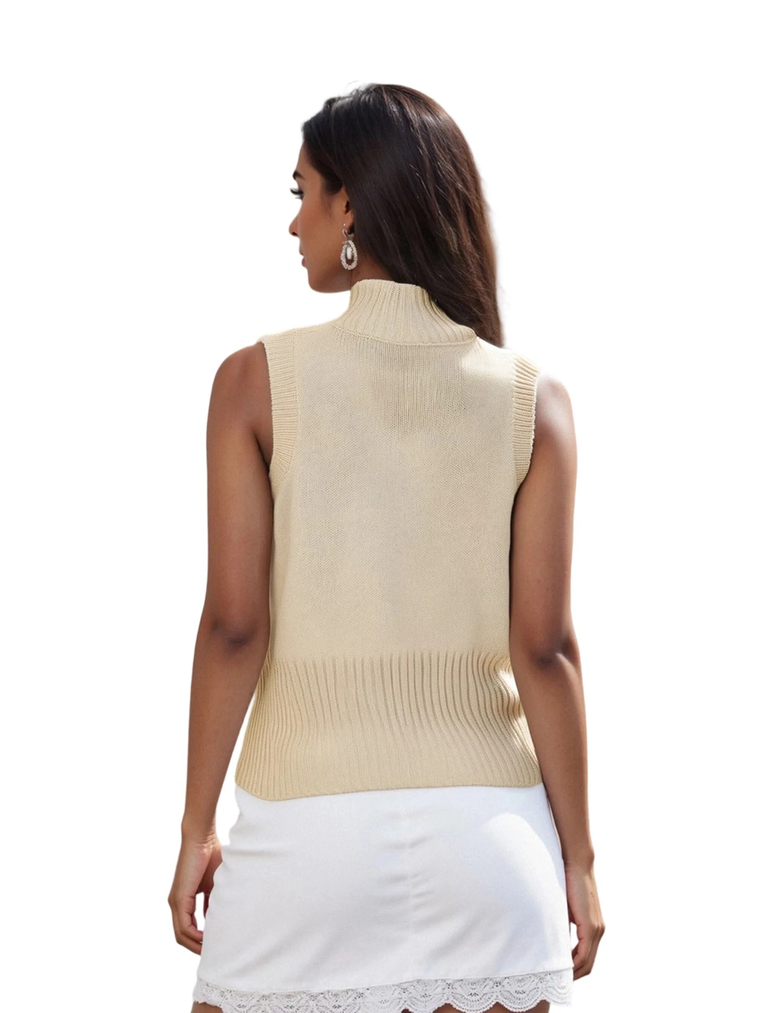 

Ladies Autumn Winter Sleeveless Knit Vest Fashionable Solid Color Ribbed Detail Zipper Closure High Neck Casual Jacket