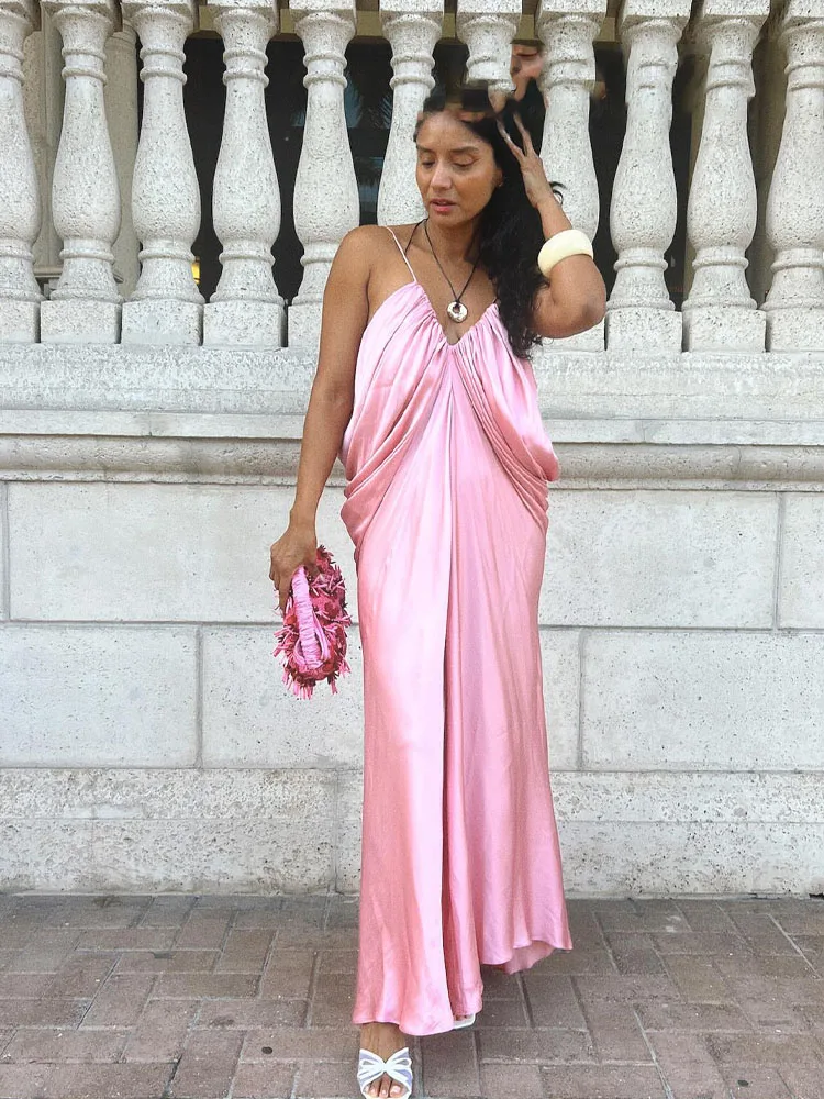 HH Abito longuette da donna elegante da festa Silhouette con scollo a V Design pieghettato Abiti da strada senza schienale Abiti da vacanza estivi da donna