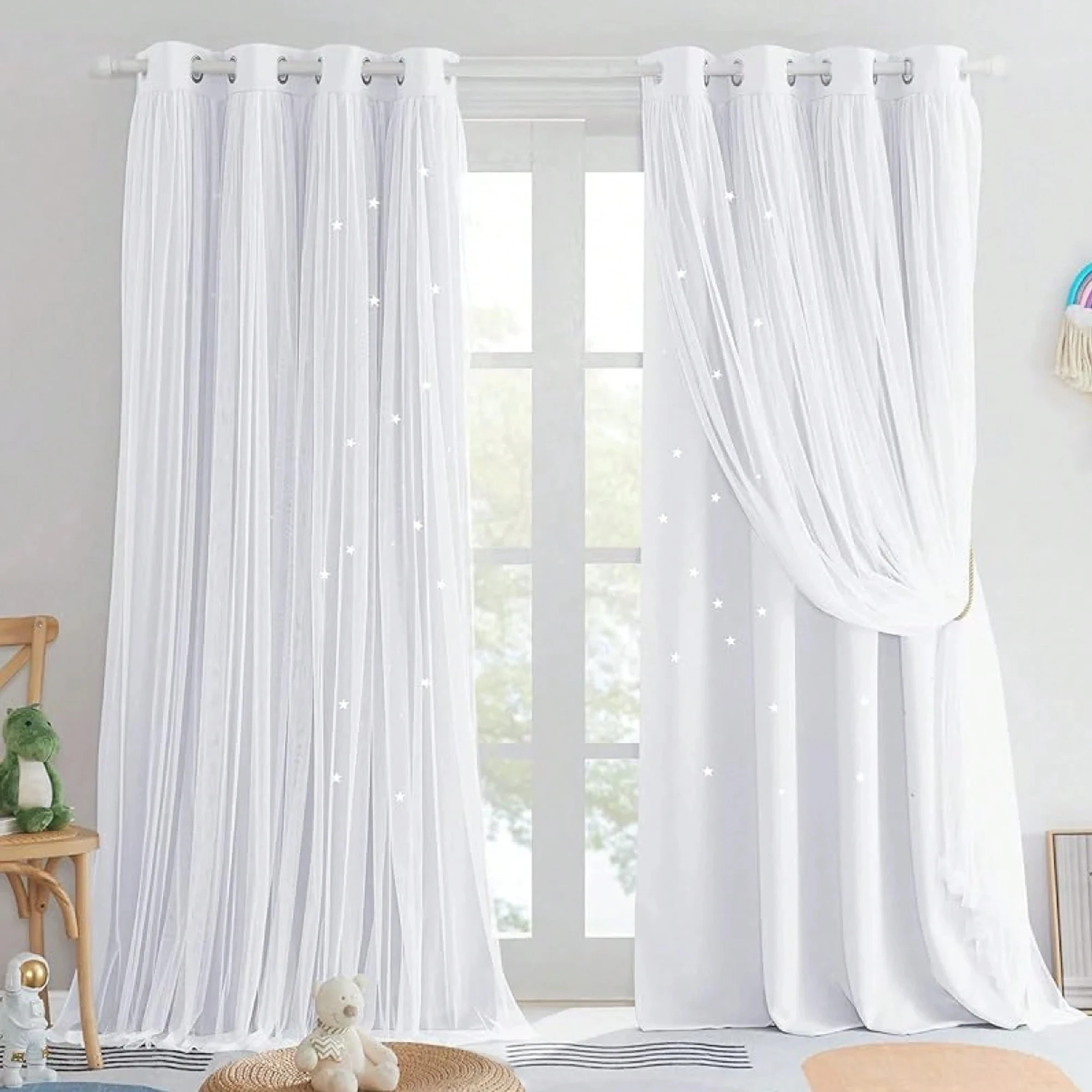 1pc Starry Hollow Polyester Blackout Curtain With Lace, Girls' Princess Style Dual-Layer Window Treatment Darkening Curtain