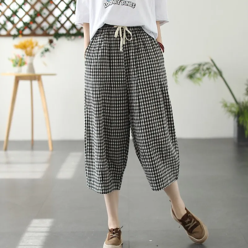 

NINI WONDERLAND 2024 Summer Plaid Cotton Loose Calf Length Pants Women's Elastic Waist Casual Harem Pants Lady Vintage Trousers