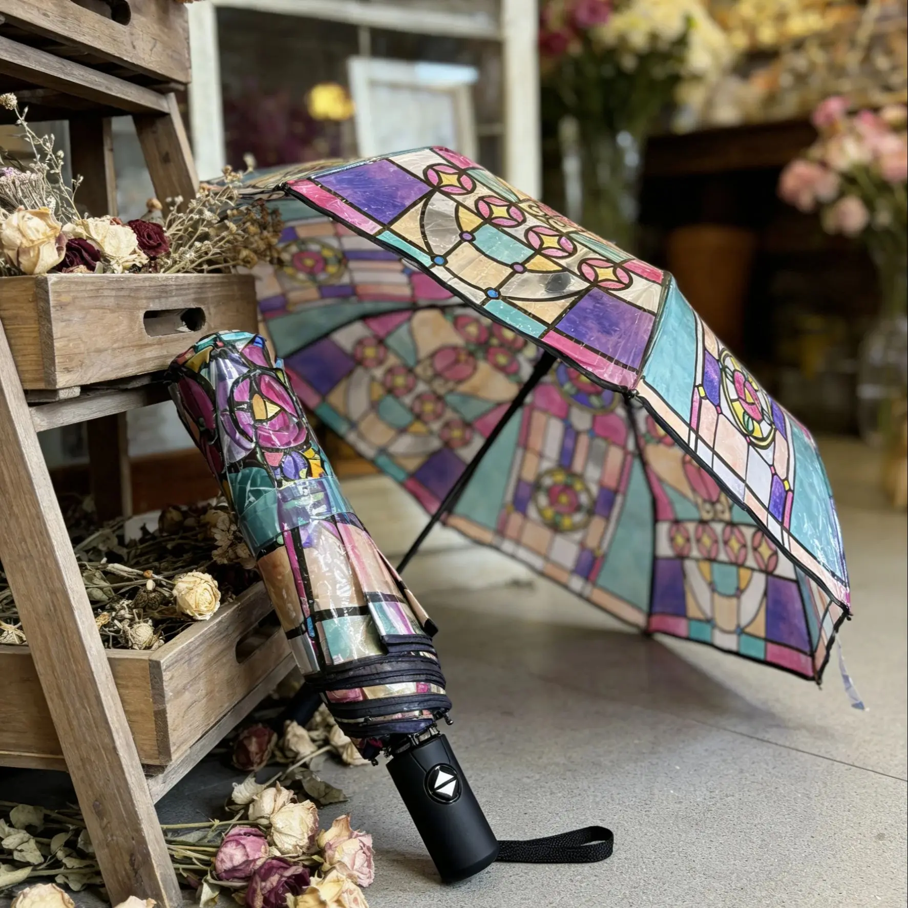 Large Automatic Umbrella British Wind & Rain Forest Design Arched Colored Glass Transparent Sunshine Romantic Adult Fashion