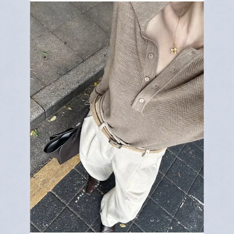 2026 New Autumn Winter Women Coffee Short Polo Collar Knitted Sweater Elegant Inner Basic Versatile Casual Daily Top 3