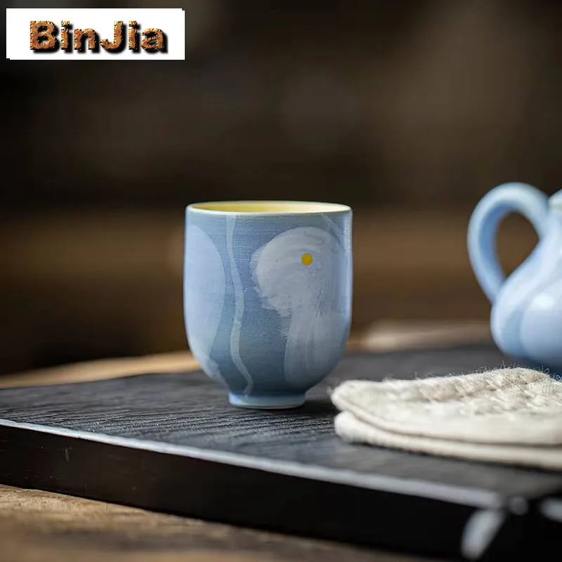

2 шт./компл., синяя чайная чашка с ручной росписью, грубая керамика ручной работы, чаша для чая, порошок, цветок, чашка для рта, чача, кунг-фу, чайная посуда, 50 мл