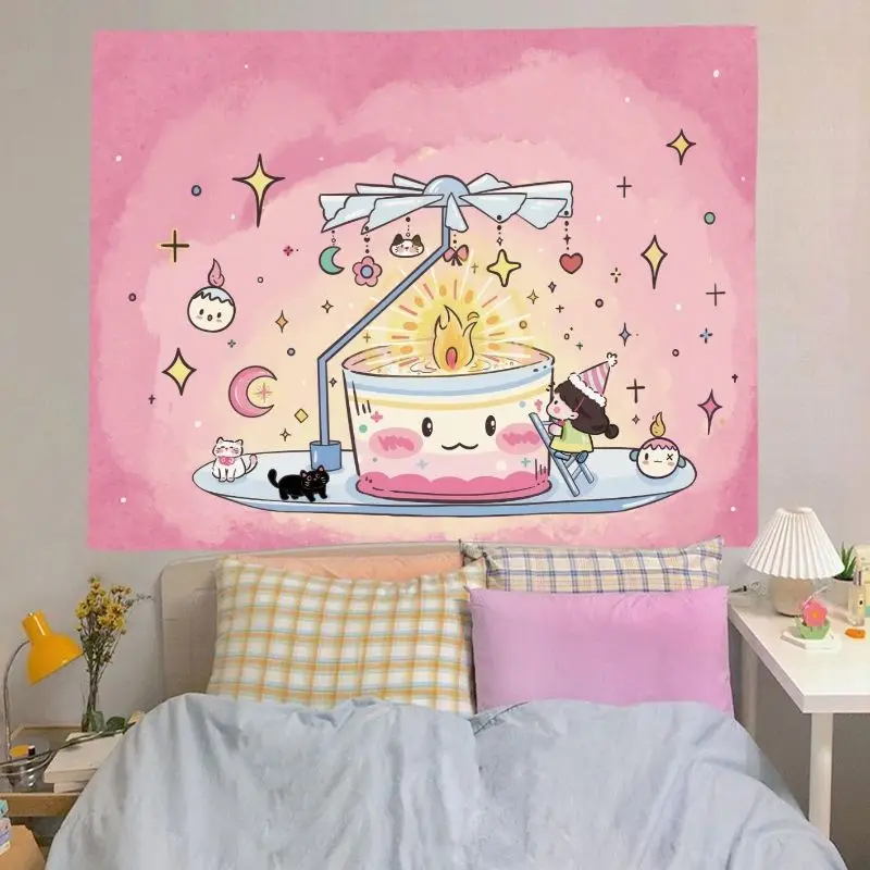 VIKAMA Pink Bow Cute Dog Tapestry, Cartoon Doodle Wall Hanging, Kawaii Fabric Backdrop for Girls Bedroom Dorm Decor