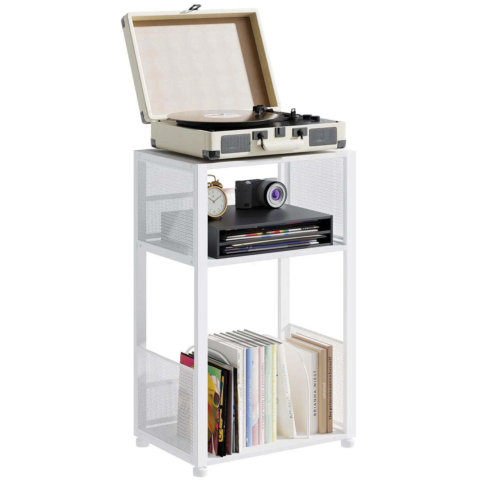 3-Tier Vinyl Record Player Stand with Album Storage Industrial Turntable Display Shelf Metal Frame Wood End Table Bedside Nightstand Home Organizer Audio Rack Furniture for Bedroom Living Room