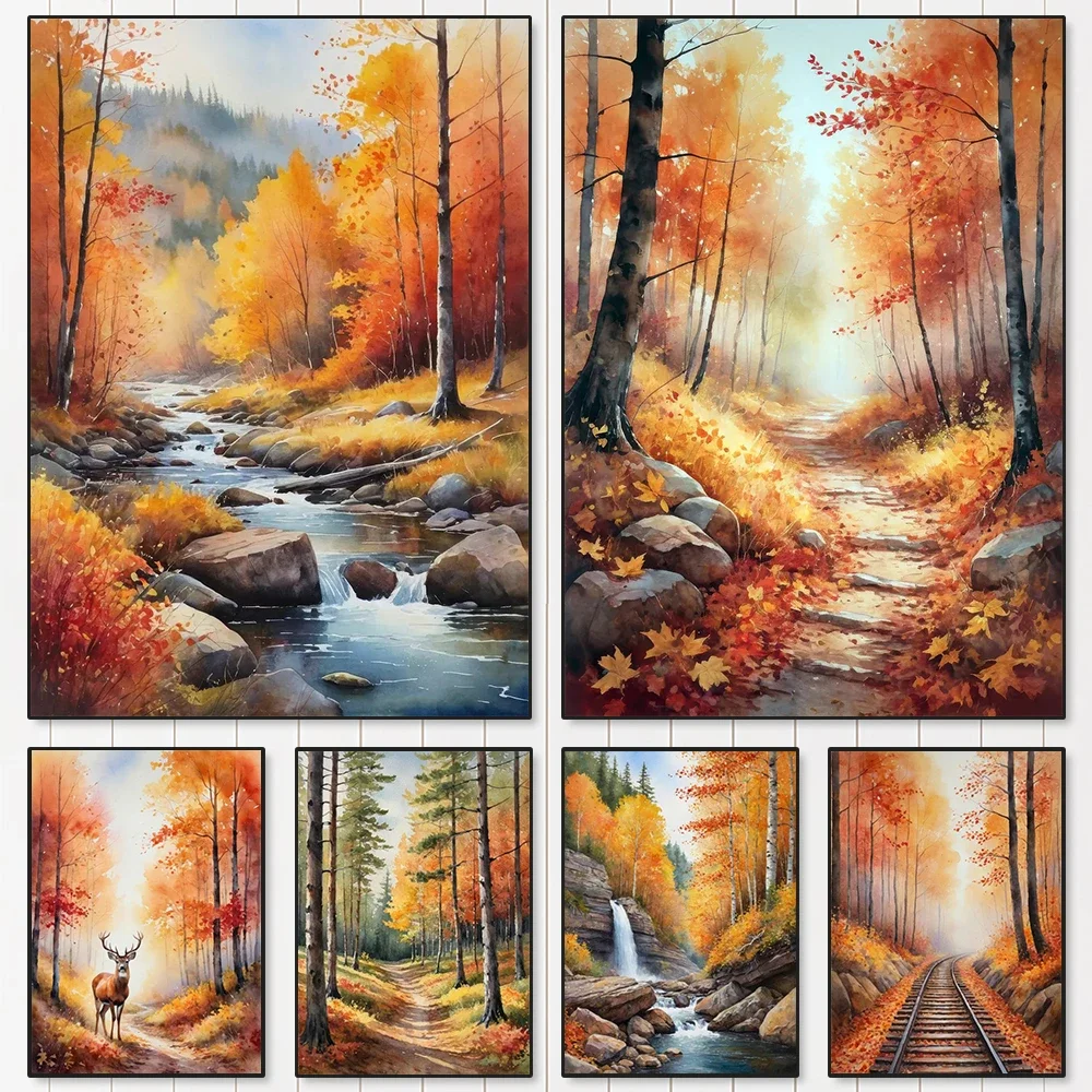 Modern Autumn Forest Watercolor Canvas Wall Art Poster - Unframed Yellow Cozy Nuture Landscape Poster For Living room Decoration