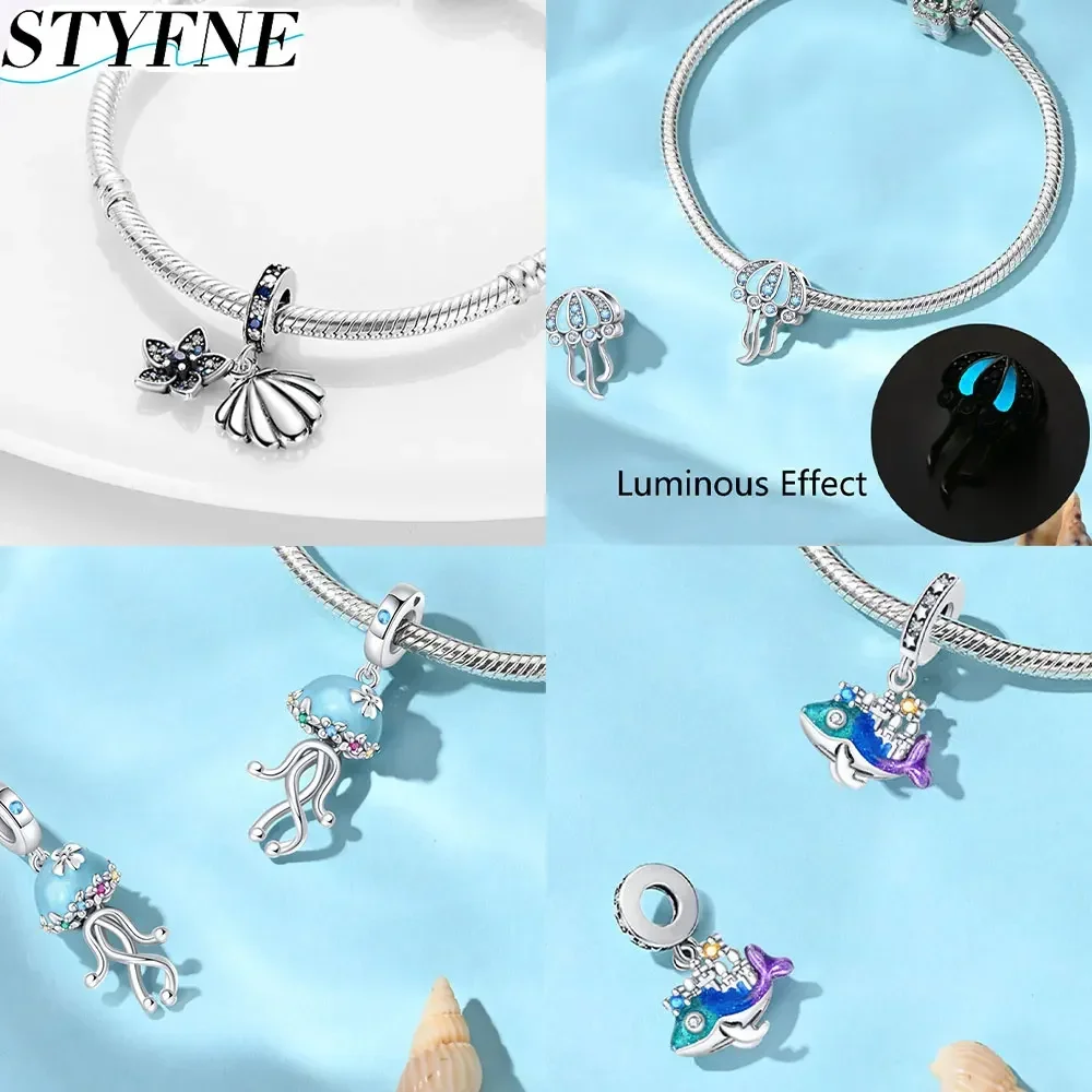 Sterling Silver 925 Original Lucky Symbol Gradient Blue Glass Big Lucky Elephant Charm for Diy Women\'s Bracelet Jewelry Gift