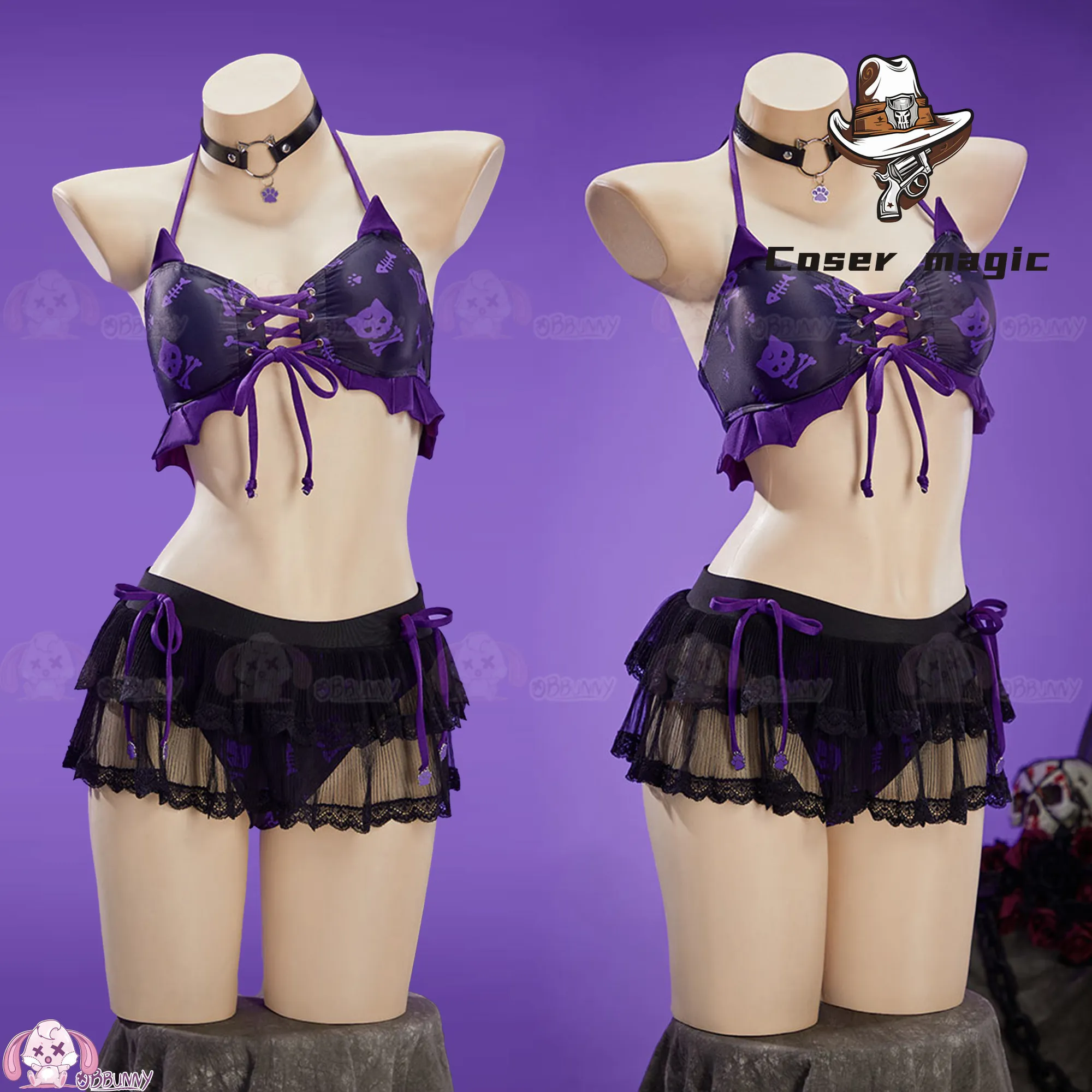 

Купальник-бикини Kawaii Gothic Cat Split Halter, черно-розово-фиолетовый, в стиле Y2K, милый комплект